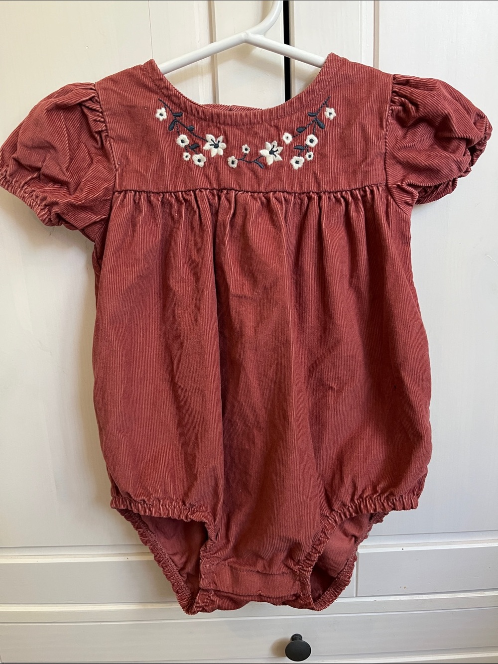Carter's Rust Corduroy Bubble Romper with White Floral Embroidery
